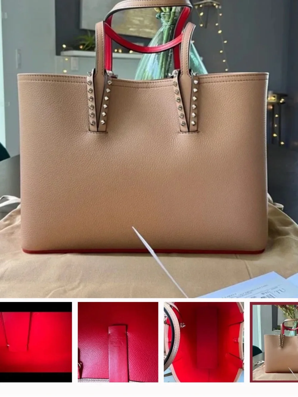 Christian Louboutin Cabata Tan Tote with Red Trim and Studded Handles